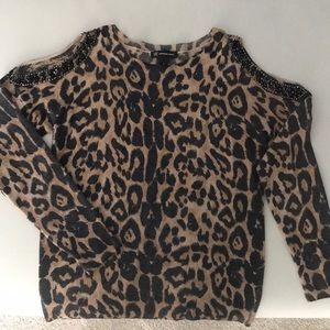 Animal print jeweled cut out sweater